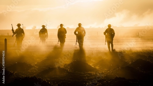 Soldiers in vintage uniforms stand on a foggy battlefield against a background of blurred trenches and barbed wire, symbolizing historical battles photo