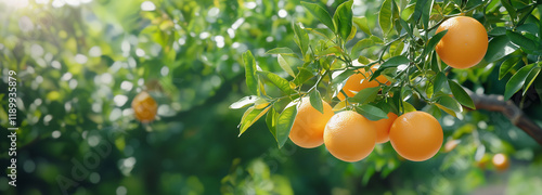 Vibrant oranges hanging on a tree, illuminated by warm sunlight, showcasing the beauty of nature's bounty in an orchard setting. photo