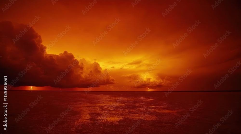 Obraz premium Fiery sunset with lightning over ocean.