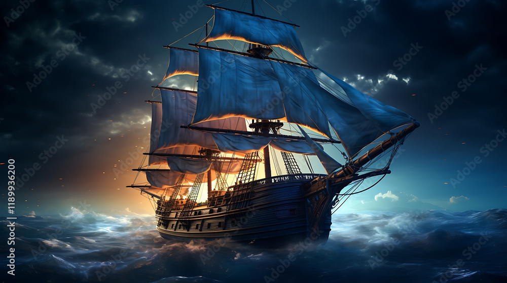 Fototapeta premium Night sailing, wallpaper, a large junk ship floating in the middle of the water at night.