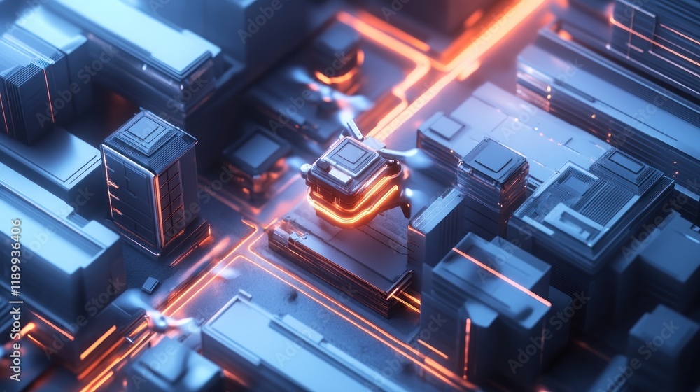 Drone delivering data package on futuristic circuit board. Drone delivering data package on futuristic circuit board.