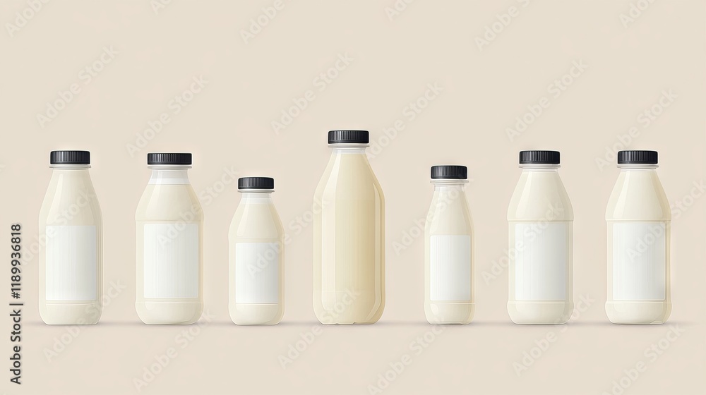 50.A vector illustration of plastic milk bottles in various sizes, each with clean, minimalistic labels, arranged in an orderly layout against a neutral background. 50.A vector illustration of plastic milk bottles in various sizes, each with clean, minimalistic labels, arranged in an orderly layout against a neutral background.