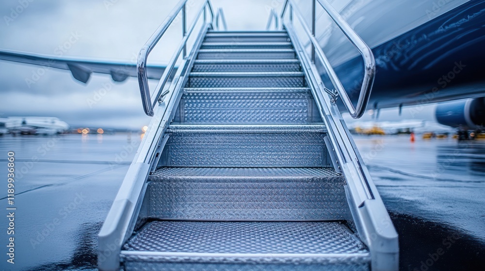 Airport jet bridge stairs, rainy tarmac, arrival Airport jet bridge stairs, rainy tarmac, arrival