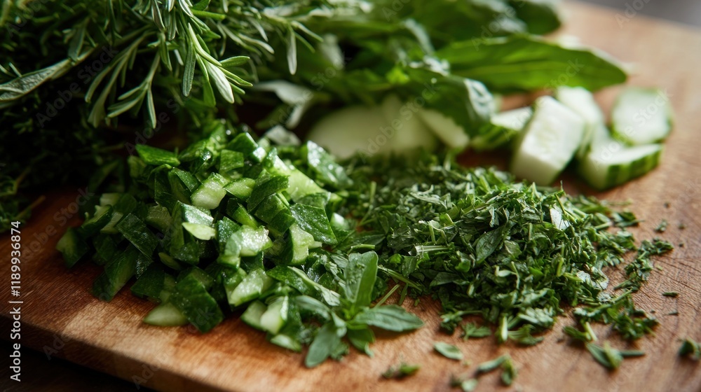 Chopped cucumbers, herbs, and greens on a wooden board. Chopped cucumbers, herbs, and greens on a wooden board.