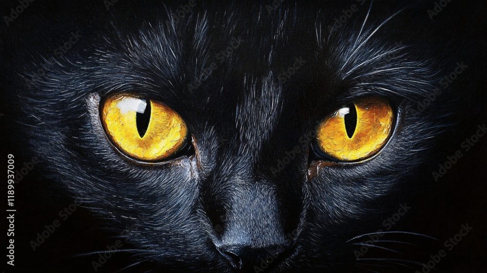 Close up of black cat face with yellow eyes on black background. Close up of black cat face with yellow eyes on black background.