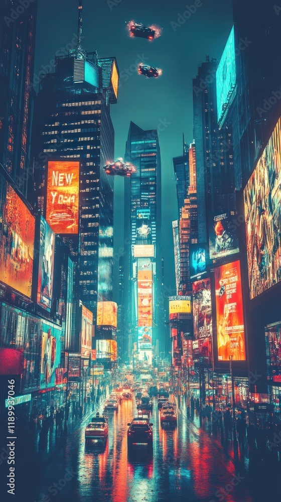 Obraz premium Futuristic Times Square, NYC; flying cars, rain, city lights. Sci-fi cityscape; film, game, ad