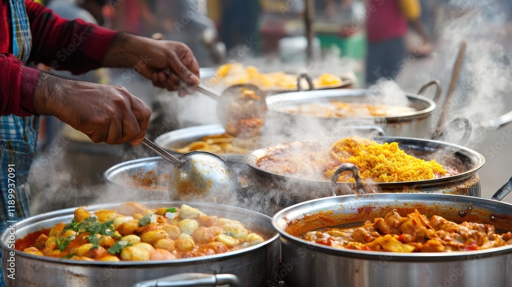 Street food vendor preparing steaming dishes of curry, rice, and other Indian cuisine. Street food vendor preparing steaming dishes of curry, rice, and other Indian cuisine.
