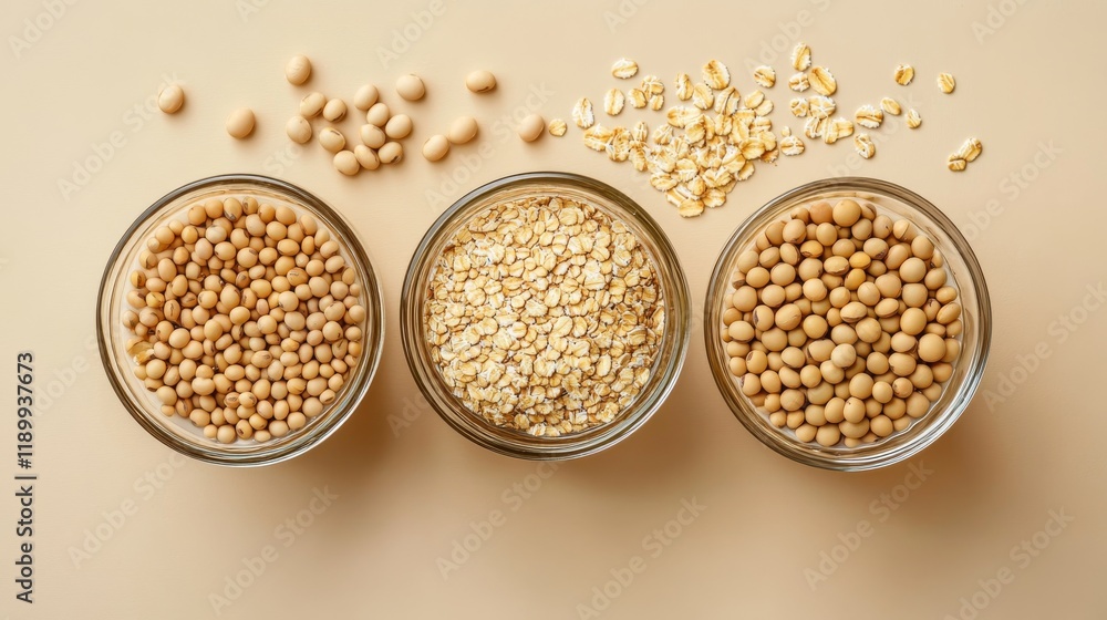 79.Bottles of Alternative Milk, Oatmeal, and Soybeans on Beige Background, Top View 79.Bottles of Alternative Milk, Oatmeal, and Soybeans on Beige Background, Top View