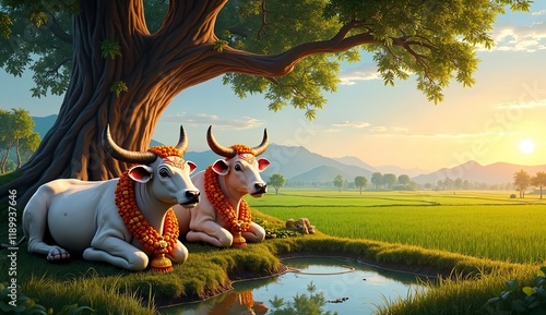 A pair of garlanded cows and bulls with painted horns resting under a large banyan tree. Their traditional decorations include bells and cloths