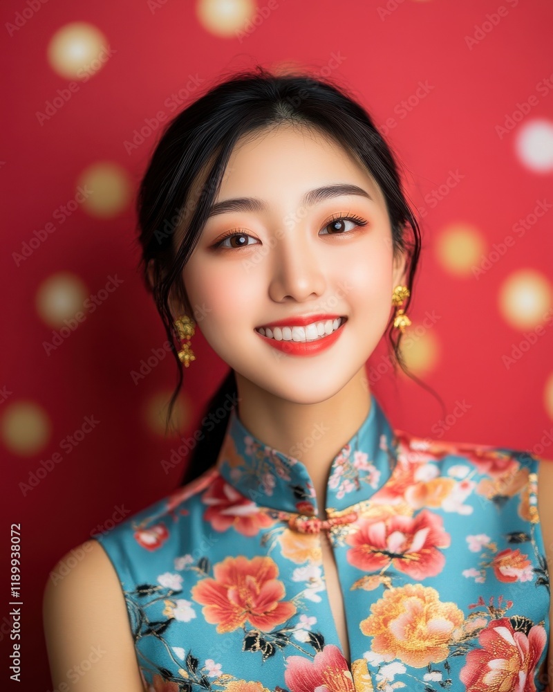 Fototapeta premium Portrait of a Young Woman in a Beautiful Floral Cheongsam Against a Red Background