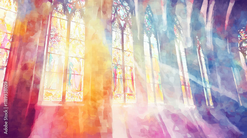 Ethereal and vibrant watercolor illustration of cathedral stained glass windows, displaying detailed religious motifs and the gentle glow of sunlight filtering through the colorful panes