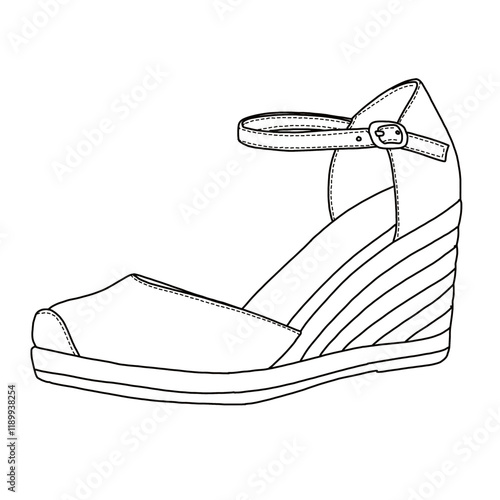 Women's Wedge Espadrilles  Closed Toe line art, Technical sketch hand drawing outline vector doodle side 3D Isometric view isolated on white background for coloring page