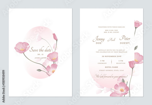 Save the date and wedding invitation template set of delicate pink California Poppy flowers on a white background, creating a delicate and romantic feel