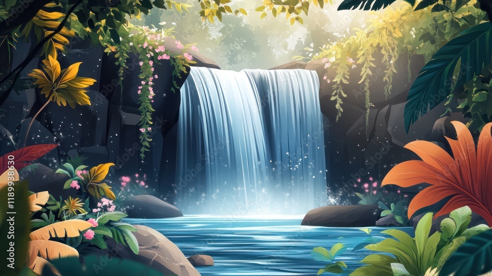 Fototapeta premium Lush jungle waterfall cascading into a tranquil pool. (1)