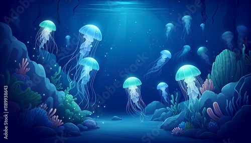 Peaceful Underwater Scene with Glowing Jellyfish photo