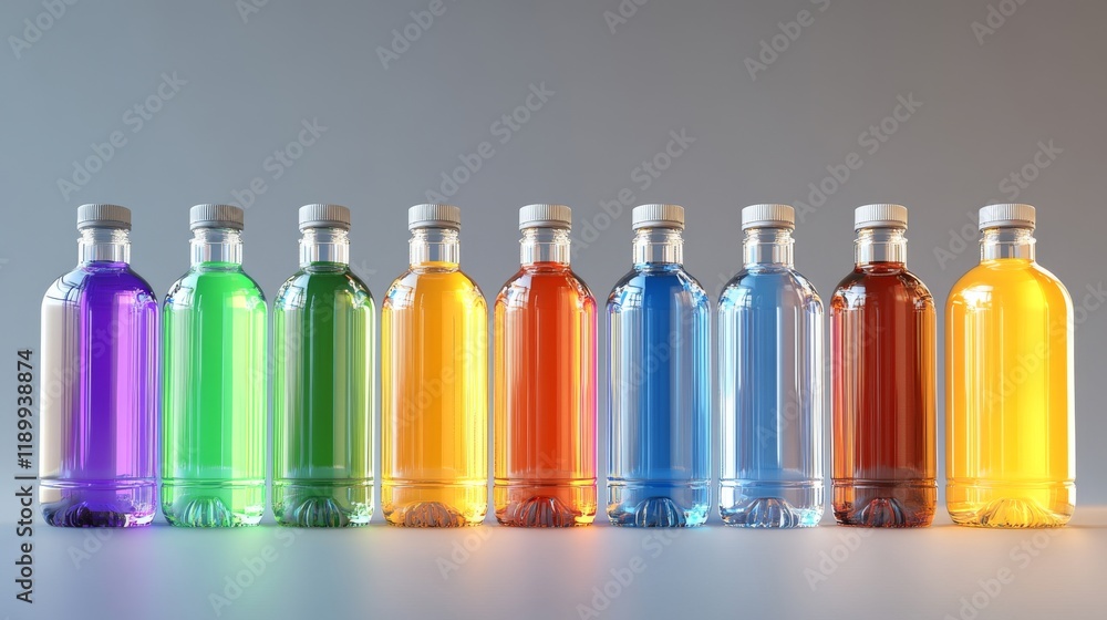 114.An artistic array of plastic and glass bottles with label design templates, rendered in 3D with bright colors and clean lines, suitable for showcasing packaging concepts. 114.An artistic array of plastic and glass bottles with label design templates, rendered in 3D with bright colors and clean lines, suitable for showcasing packaging concepts.