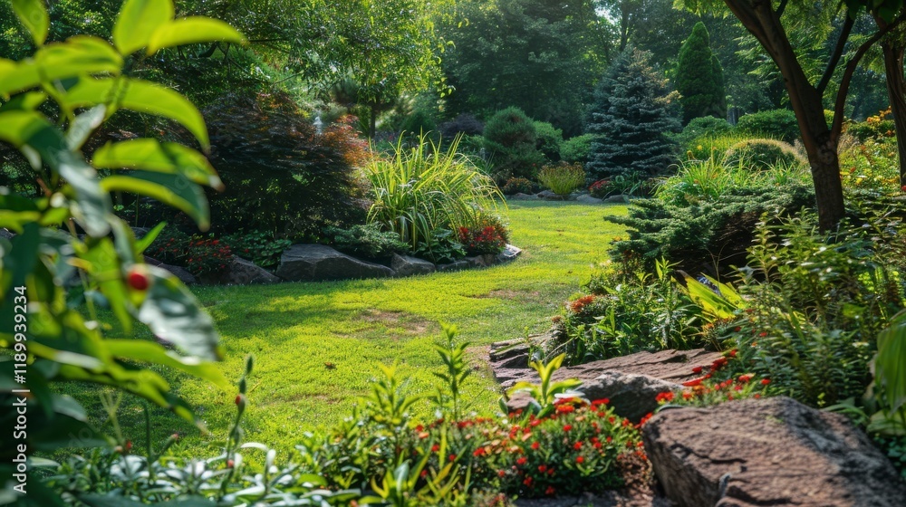 Naklejka premium Serene Garden Pathway Surrounded by Lush Greenery and Vibrant Flowers in a Tranquil Outdoor Setting Perfect for Relaxation and Nature Appreciation