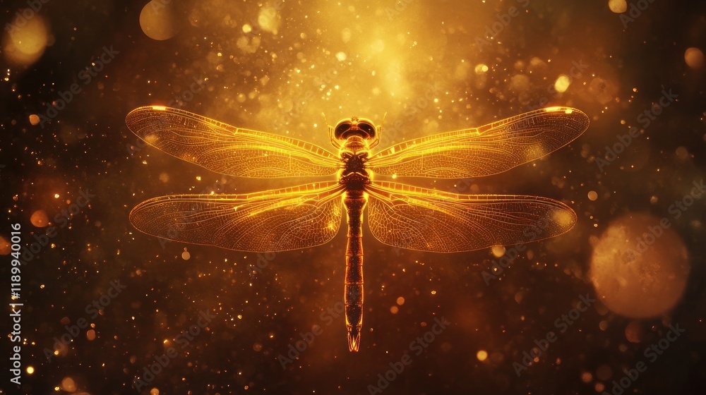 Naklejka premium A glowing dragonfly against a shimmering, golden background.