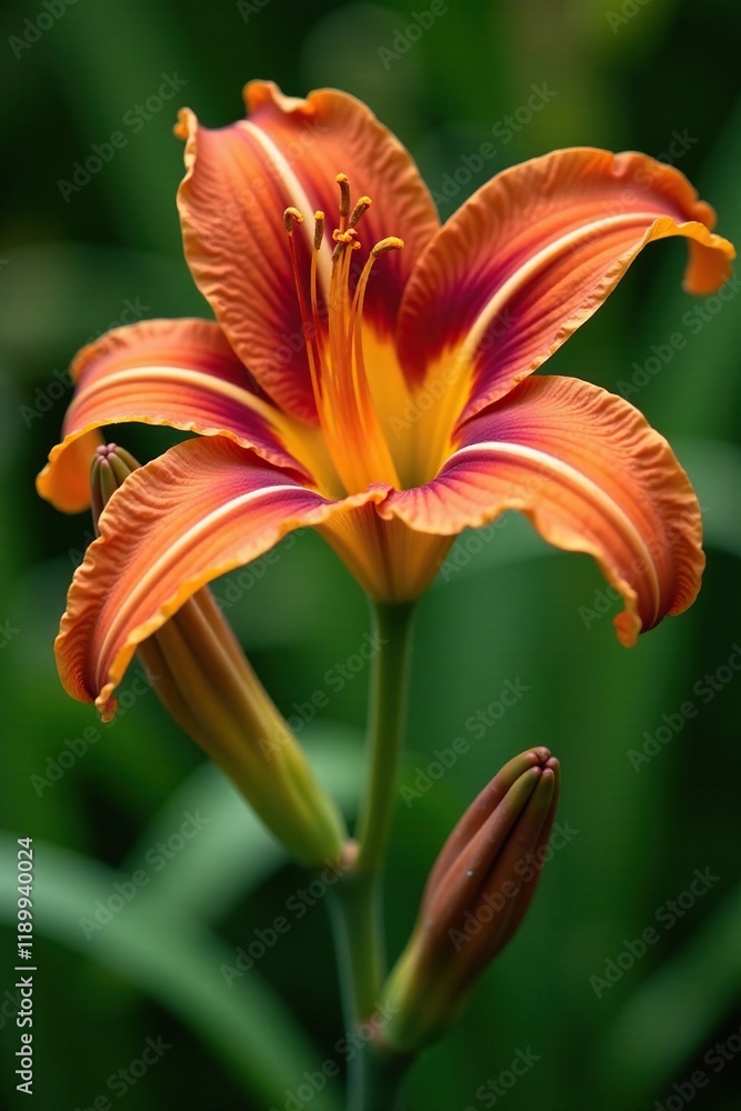 Deep red inner petals with orange yellow outer layers on a daylily stem, garden, bloom Deep red inner petals with orange yellow outer layers on a daylily stem, garden, bloom