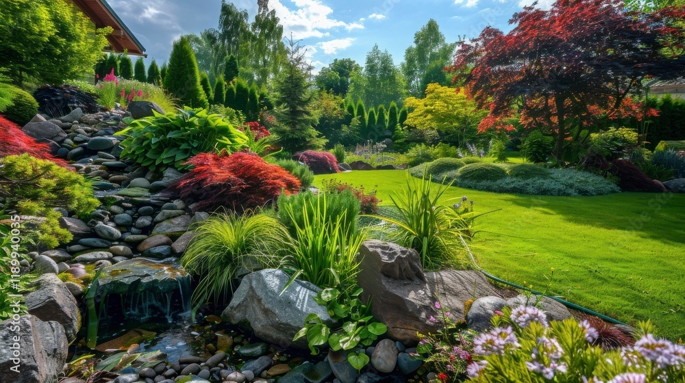 Obraz premium Lush and Vibrant Garden Landscape with Water Feature, Colorful Foliage, Smooth Rocks, and Clear Blue Sky Capturing Nature's Beauty and Serenity