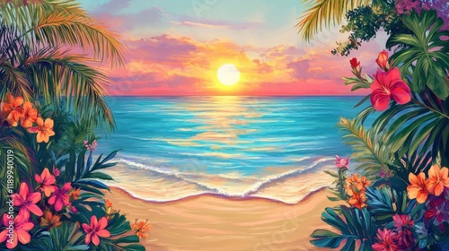 Serene Tropical Sunset: A Vibrant Beach Paradise at Dusk