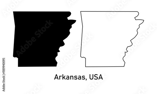 Arkansas state, USA map in outline style, black color, gray color	