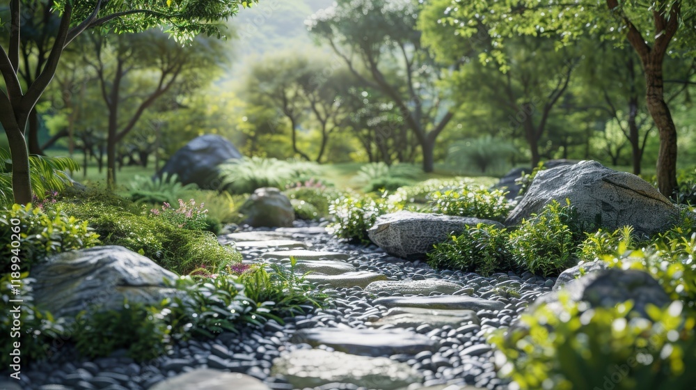 Tranquil Nature Scene with Serene Stream Flowing Through Lush Greenery and Natural Rocks in a Sunlit Forest Setting Tranquil Nature Scene with Serene Stream Flowing Through Lush Greenery and Natural Rocks in a Sunlit Forest Setting