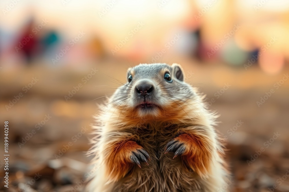 A curious groundhog stands on its hind legs, taking in the sights around it as people enjoy outdoor activities in a vibrant spring atmosphere A curious groundhog stands on its hind legs, taking in the sights around it as people enjoy outdoor activities in a vibrant spring atmosphere