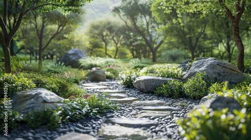 Tranquil Nature Scene with Serene Stream Flowing Through Lush Greenery and Natural Rocks in a Sunlit Forest Setting