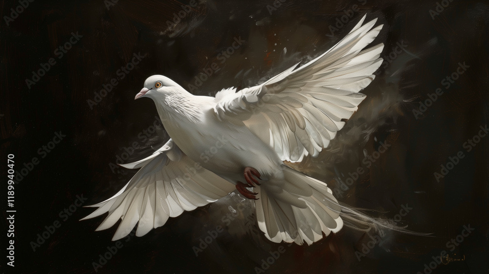 Graceful white dove spreading its wings mid-flight on a dark atmospheric background Graceful white dove spreading its wings mid-flight on a dark atmospheric background
