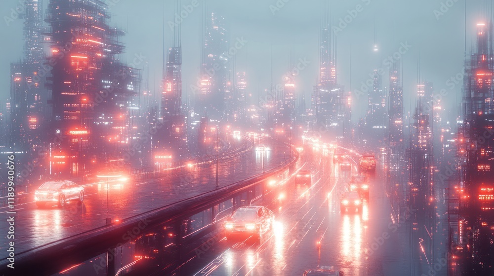 Fototapeta premium Futuristic city highway at night, rain, red neon lights.