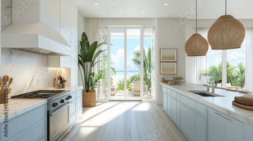 Wallpaper Mural Bright beach house kitchen with ocean view. Torontodigital.ca