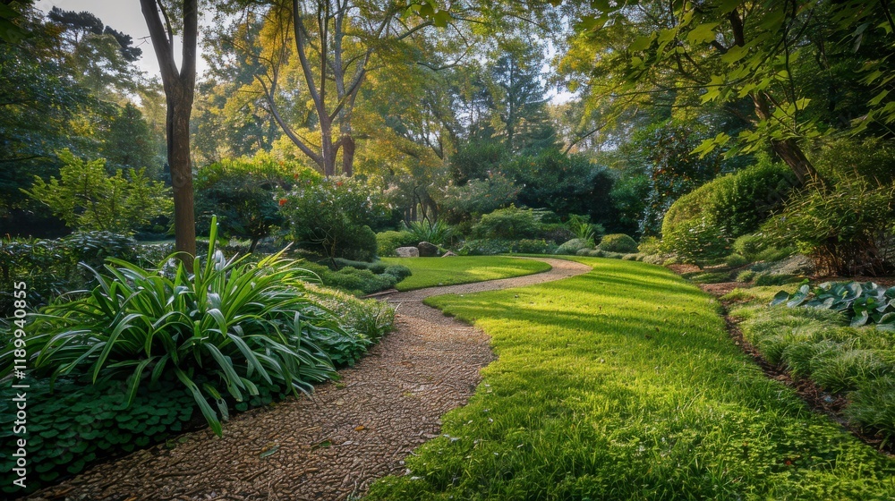 Serene Garden Pathway Amidst Lush Greenery and Vibrant Flora in a Tranquil Landscape, Invoking Peace and Natural Beauty for Relaxation and Inspiration Serene Garden Pathway Amidst Lush Greenery and Vibrant Flora in a Tranquil Landscape, Invoking Peace and Natural Beauty for Relaxation and Inspiration
