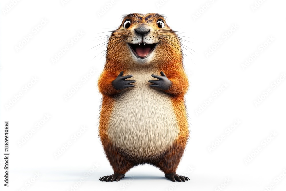 Fototapeta premium A lively groundhog displays a big smile, showcasing its soft fur while standing with paws raised in excitement for Marmot Day, representing joy and festivity