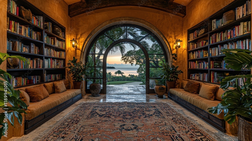 Obraz premium A Serene Library Background for Virtual Presentations: Transform Your Online Meeting Space with This Peaceful Setting Perfect for Zoom Calls