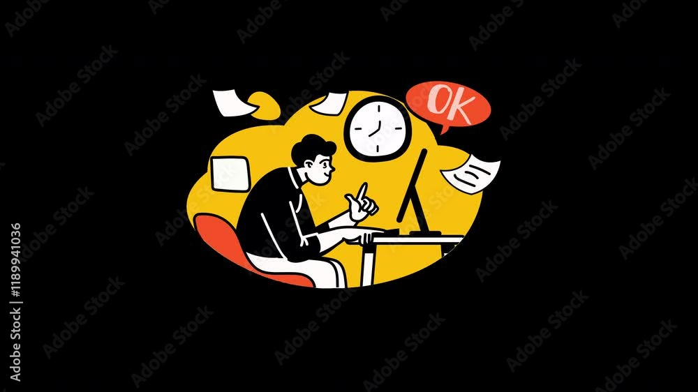 Person working on a computer, focused and engaged in their tasks, with a clock and documents in a colorful background. Person working on a computer, focused and engaged in their tasks, with a clock and documents in a colorful background.