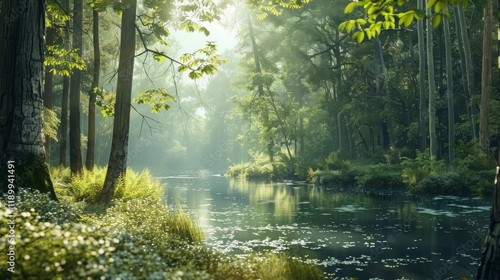 Fototapeta premium Tranquil Reflection of Lush Green Forest by Serene Stream under Soft Morning Light, Capturing the Essence of Nature's Beauty and Peaceful Atmosphere