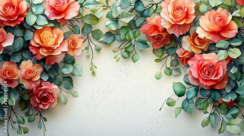 Elegant Floral Background with Watercolor Roses and Leaves - Perfect for Invitations