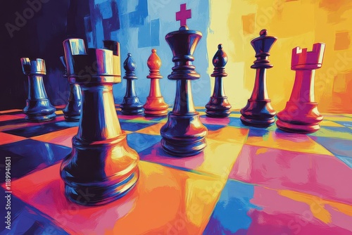 dynamic illustration of a chessboard with pieces symbolizing competition vibrant colors representing the corporate landscape strategy and planning concepts