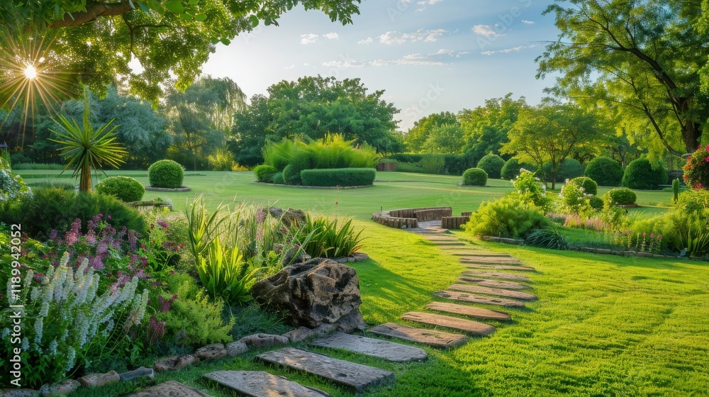 Tranquil Landscape with Lush Greenery and Serene Pathway Leading Through Vibrant Garden Under Soft Morning Light for Peaceful Outdoor Escape Tranquil Landscape with Lush Greenery and Serene Pathway Leading Through Vibrant Garden Under Soft Morning Light for Peaceful Outdoor Escape