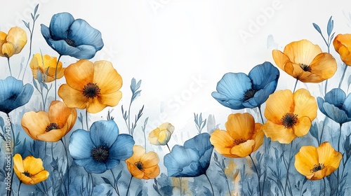 Watercolor Floral Art with Yellow and Blue Poppies - Perfect for Creative Projects
