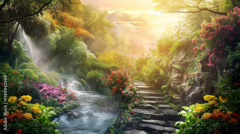 Serene Landscape with Flowing Stream, Vibrant Flowers, and Majestic Mountains in the Background Capturing the Essence of Tranquility and Natural Beauty Serene Landscape with Flowing Stream, Vibrant Flowers, and Majestic Mountains in the Background Capturing the Essence of Tranquility and Natural Beauty