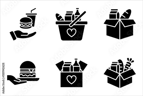 Food donations icon set, charity line collection Box with love. vector illustration on white background. humanitarian volunteer activity.