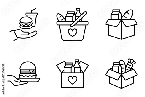 Food donations icon set, charity line collection Box with love. vector illustration on white background. humanitarian volunteer activity.