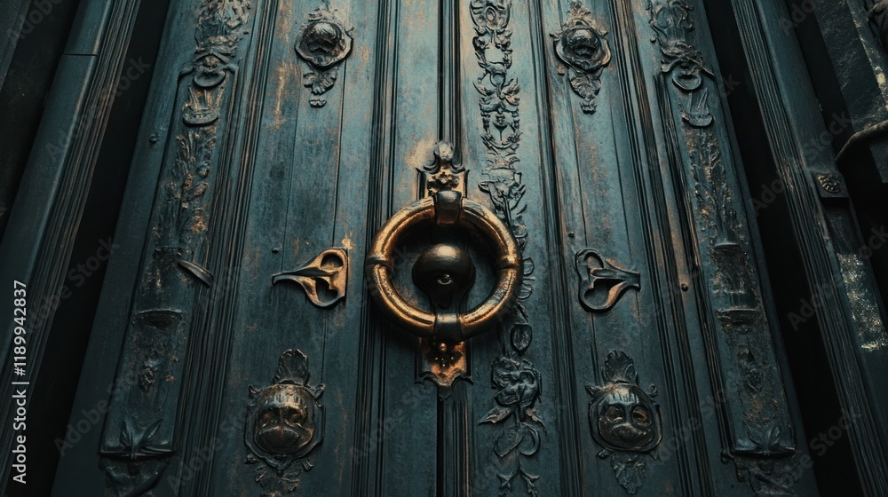 A heavy iron door with intricate engravings, mysterious setting A heavy iron door with intricate engravings, mysterious setting
