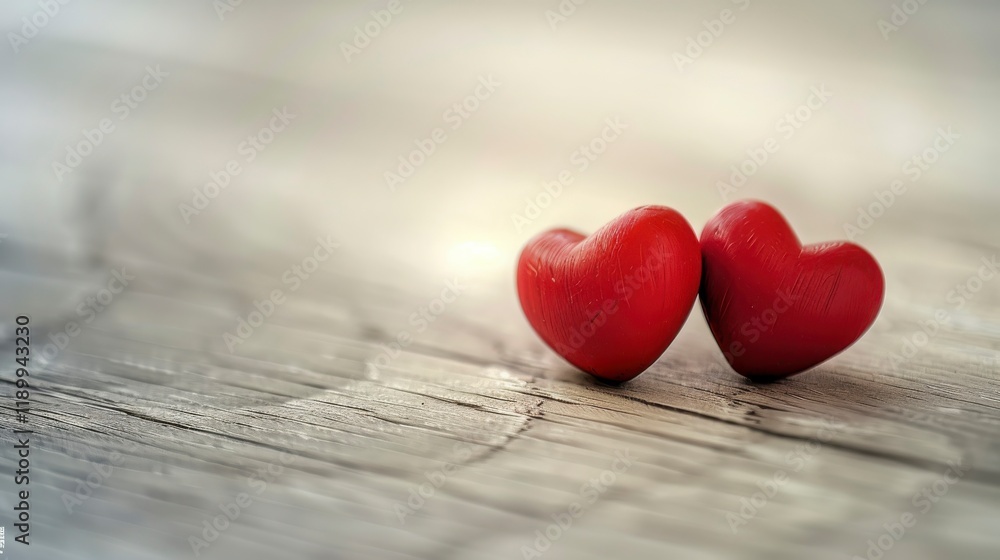 Fototapeta premium Two Red Hearts on a Wooden Surface Symbolizing Love and Affection with a Soft and Romantic Background in a Warm and Inviting Atmosphere