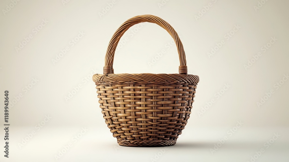 Empty brown wicker basket with a handle on a white background. Empty brown wicker basket with a handle on a white background.