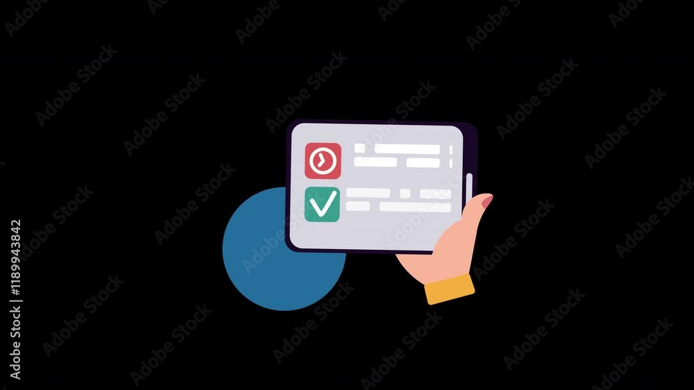 A hand holding a tablet displaying confirmation alerts in a cartoon style on a plain background.