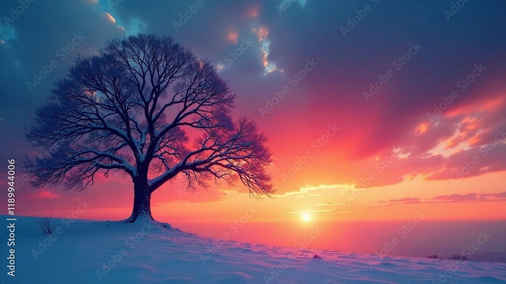 Fototapeta premium A solitary snow-covered tree stands silhouetted against a vibrant winter sunset, a breathtaking panorama of nature's beauty.