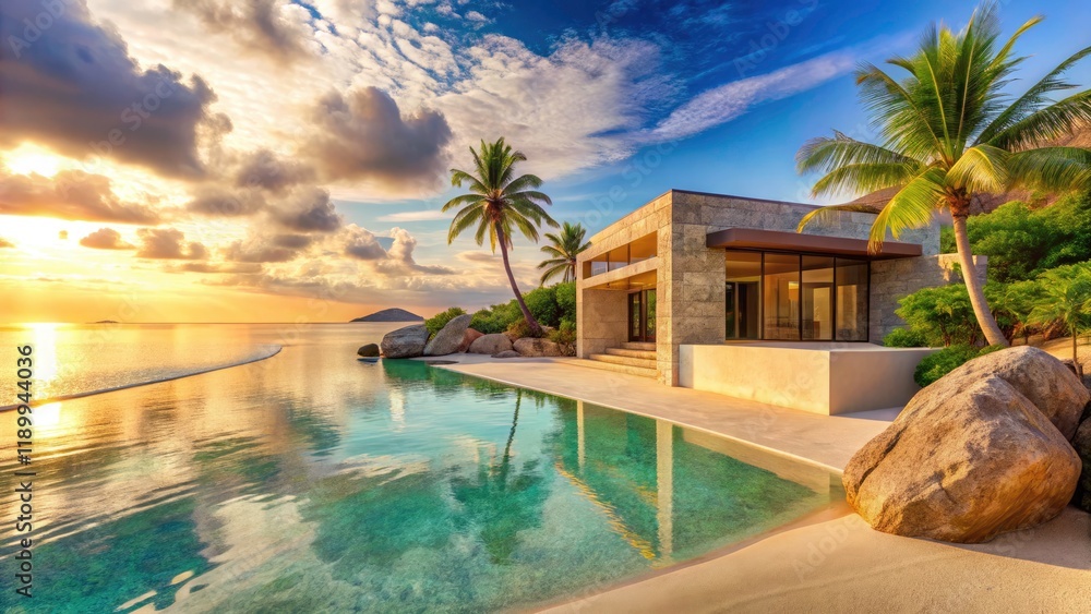 Fototapeta premium Smooth Stone Golden Sand Beach Architectural Photography: Coastal Luxury, Desert Oasis, Minimalist Design